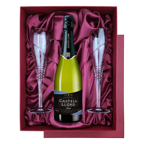 Castell Llord Brut Cava 75cl in Red Luxury Presentation Set With Flutes